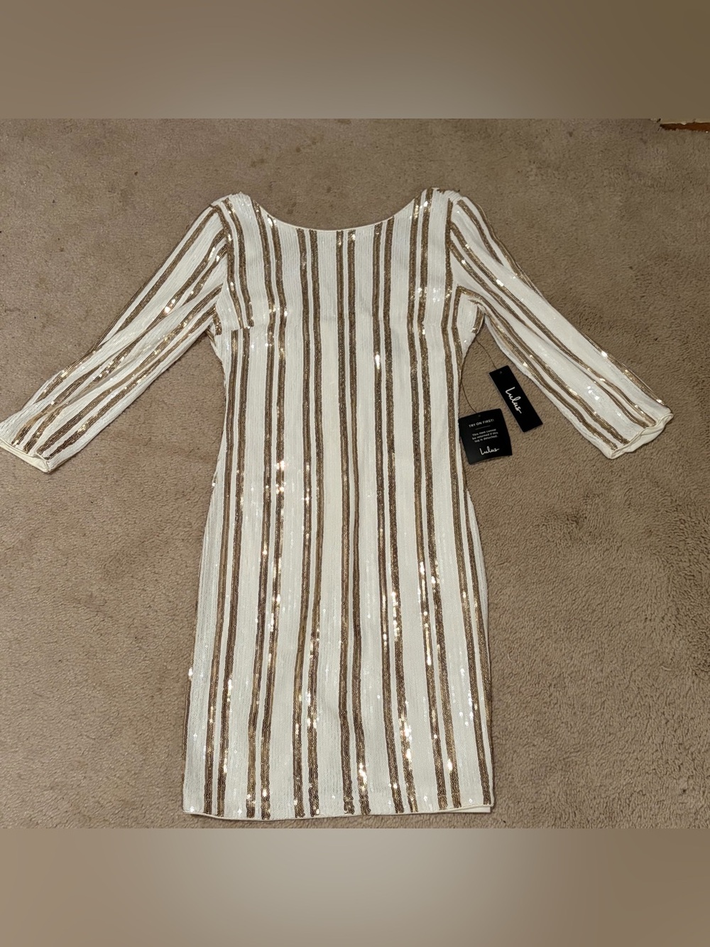 NWT Standing Ovation White and Gold Sequin Striped Bodycon Dress